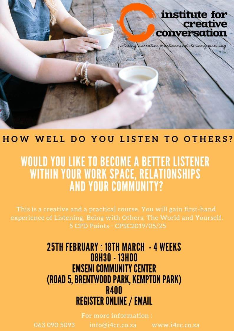“When people talk, listen completely. Most people never listen.”Ernest Hemingway. Start the year off with gaining 5 CPD points and register for this course. Spaces are limited. Register online here : i4cc.co.za/book-online/li…

#listening #listen #course #cpd #narrativetherapy