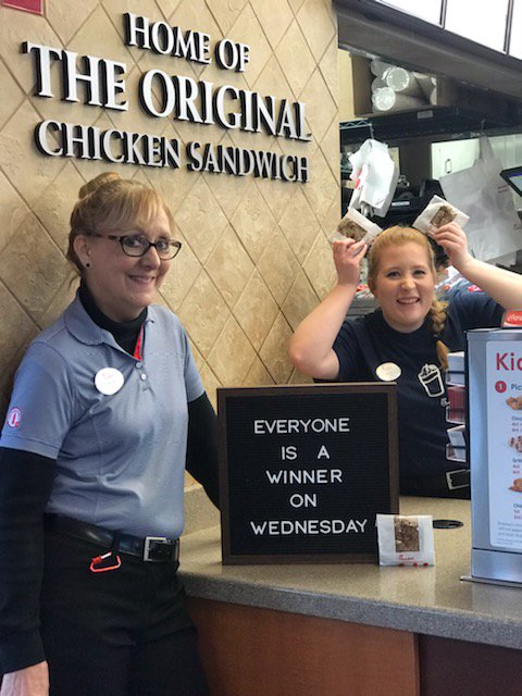 CFABWF's tweet photo. Win it Wednesday is today! Our Drive thru team will be randomly blessing folks from 2:00pm-3:00pm! Will you be the winner? 
#winitwednesday 
#itsourpleasure https://t.co/lhKFIY4bRf