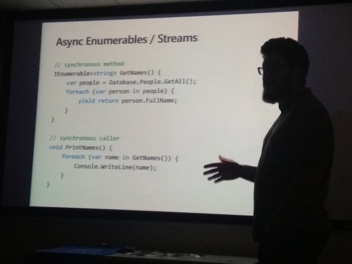 techdevdarin's tweet photo. @mattleibow telling us what's new in C# and .Net Core at @cptmsdug tonight! Entertaining and informative as always! #dotnetcore #csharp #asyncstreams #nullablereference #rangetypes #indextypes #defaultinterfacemembers https://t.co/FDqBujaT4i https://t.co/6c0g0Z6JDs