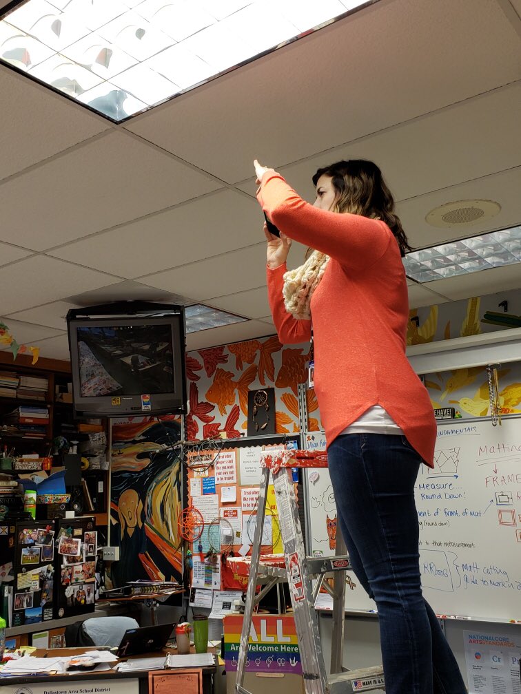 JRKCreates's tweet image. When AP Studio Art students have so much art you run out of tables to display it on and need a ladder to get it all in one picture @DtownHighSchool #APStudio #art #thisiswhyiteach