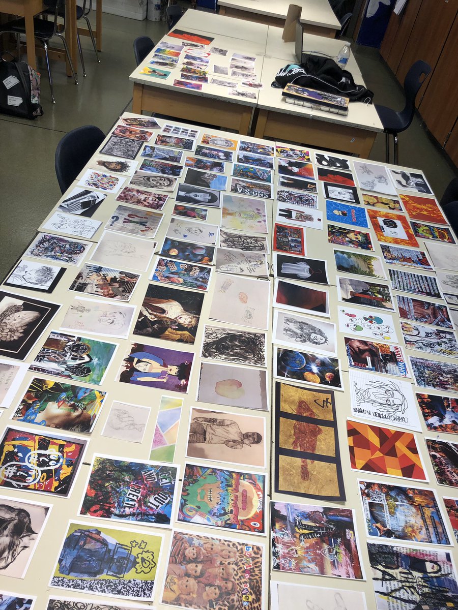 JRKCreates's tweet image. When AP Studio Art students have so much art you run out of tables to display it on and need a ladder to get it all in one picture @DtownHighSchool #APStudio #art #thisiswhyiteach