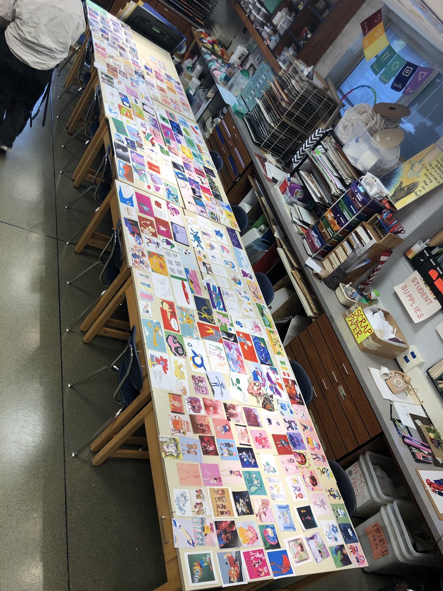 JRKCreates's tweet image. When AP Studio Art students have so much art you run out of tables to display it on and need a ladder to get it all in one picture @DtownHighSchool #APStudio #art #thisiswhyiteach