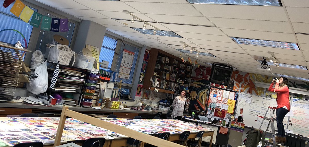 JRKCreates's tweet image. When AP Studio Art students have so much art you run out of tables to display it on and need a ladder to get it all in one picture @DtownHighSchool #APStudio #art #thisiswhyiteach