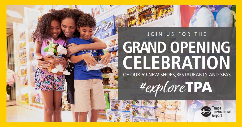 FlyTPA's tweet photo. YOU'RE INVITED: We're excited to celebrate the grand opening of our 69 new shops and restaurants, and we want you to join us! Come out on Feb. 16 any time between 2-6 p.m. to enjoy live entertainment, music, food samples and more! #exploreTPA
*Free 1 hour parking in Short Term* https://t.co/1pzTsFouzh