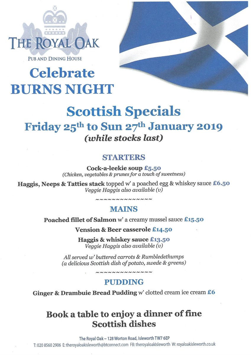 RoyalOakTW7's tweet photo. Join us for our annual Burns Night Specials &amp; Live Music this Weekend! 
Enjoy a delicious selection of Scottish dishes from Fri to Sun. Our live music nights are back every Saturday night starting with the fabulous Rock Chic - Georgia Patterson in the bar from 8pm. @OIRFC https://t.co/UCYyvNlUP2