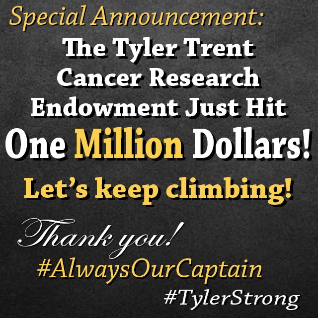 PUCancerInst's tweet image. @theTylerTrent had a goal to raise $1M for cancer research &amp;amp; you answered his call. Today his endowment hit a milestone, $1M raised!  We had donations of $500k and Walther Cancer Foundation is matching this 100%.  Let's keep going!  #TylerStrong giving.purdue.edu/TylerStrong