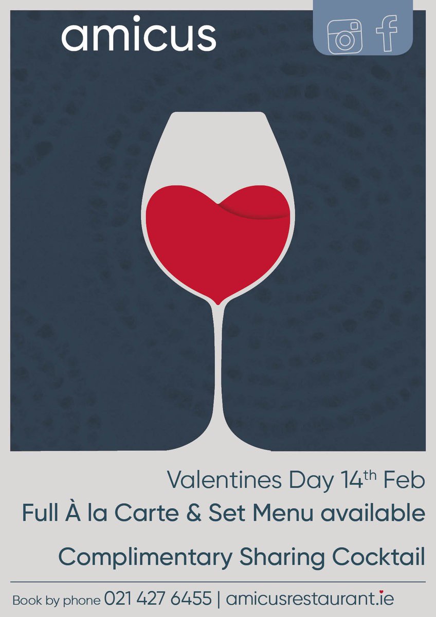 Love is in the air! Now taking bookings for Valentines Day. Book now by phone or email, and enjoy a complementary sharing cocktail. ❤️🍸 #ValentinesDay #amicuscork #datenight