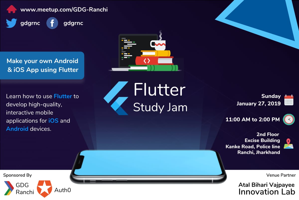 gdgrnc's tweet image. Be a part of Flutter Study Jam (2nd Phase).
If you haven't registered yet please visit meetu.ps/e/GfYWf/t5Wxy/d
Thanks to our wonderful sponsors @gdg @auth0 @JharInnoLab @GoogleDevsIN
#Flutter #FlutterStudyJam @flutterio @mdsbzalam @itsraviranjan @dattaniharsh @sidagarwal04