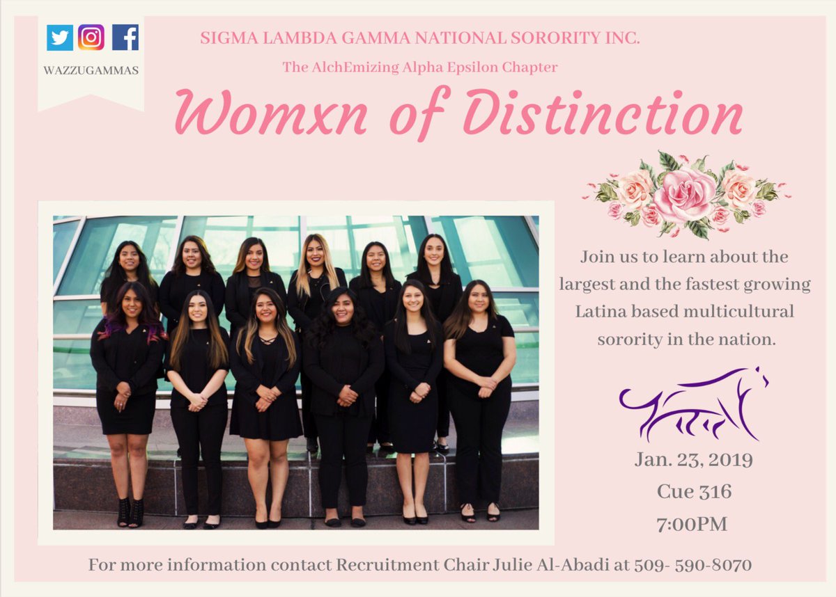 WazzuGammas's tweet image. Wanna know what it takes to be an OG? 👀
Come learn more about our beautiful sorority &amp;amp; how to become a Womxn of Distinction! 💖💜
Check us out at our informational tonight, January 23rd, in CUE 316 at 7pm! ☺️
We hope to see you there! 😍
#GoCougs #GoGamma #WhySLG #GammaWeek2019