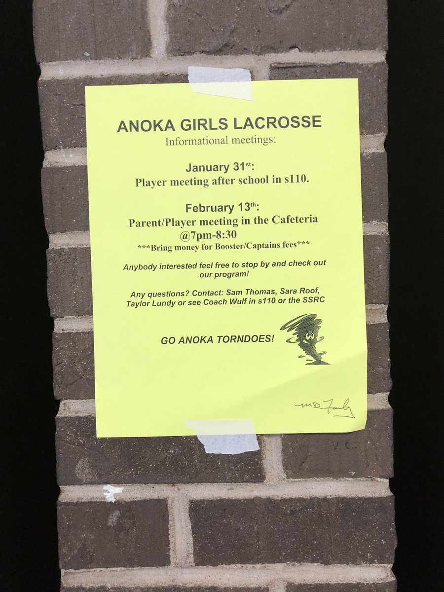 anokaglax's tweet photo. Girls, make sure you know these dates of informational meetings! These bright yellow sheets are taped up all over school. Spread the word to your friends who are interested in playing, all are welcome! 🙂 https://t.co/pUqJkOpcNV