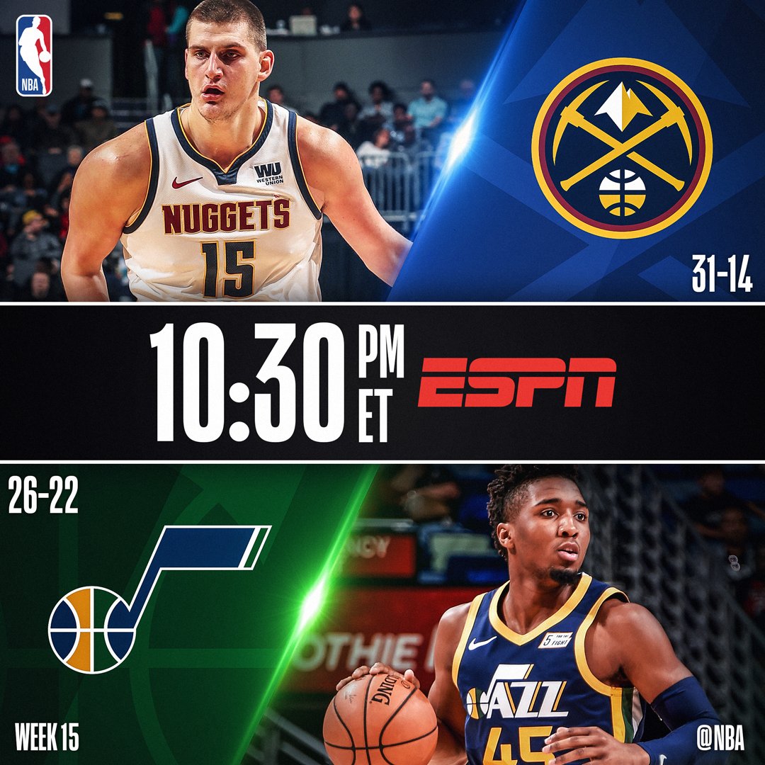 NBA's tweet image. Tonight's @ESPNNBA doubleheader features...

8:00pm/et: @spurs at @sixers 

10:30pm/et: @nuggets at @utahjazz