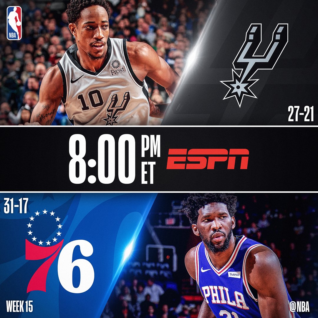NBA's tweet image. Tonight's @ESPNNBA doubleheader features...

8:00pm/et: @spurs at @sixers 

10:30pm/et: @nuggets at @utahjazz