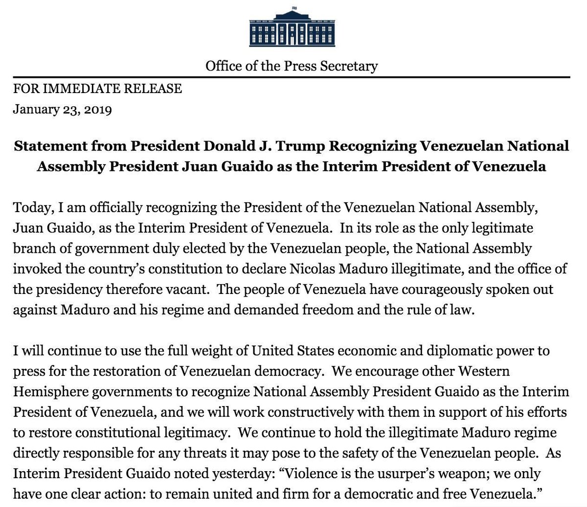 Отлично. Совершенно правильное решение президента Трампа. Может наконец-то в Венесуэле к власти придёт нормальное правительство, а не сборище идиотов Чавеса-Мадуро, доведших богатую нефтяную страну до нищеты.