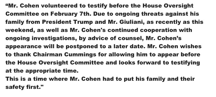 kaitlancollins's tweet image. JUST IN -- Michael Cohen is postponing his scheduled testimony before the House Oversight Committee, citing "ongoing threats against his family from President Trump and Mr. Giuliani...as well as Mr. Cohen's continued cooperation with ongoing investigations."