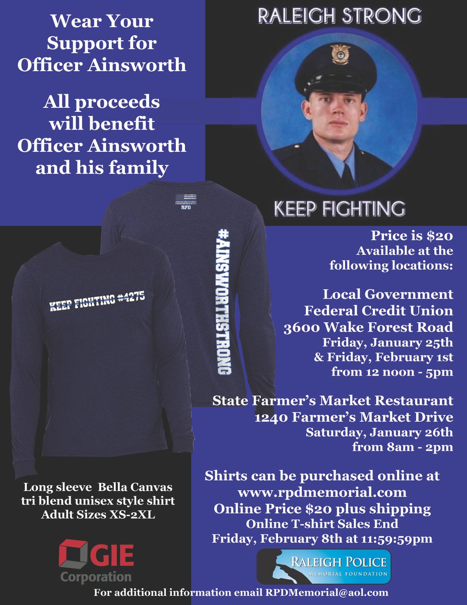 Officer Ainsworth is still fighting! We now have long sleeve shirts available for purchase to support him and his family at rpdmemorial.com for $20 💙 #RaleighStrong #WearYourSupport