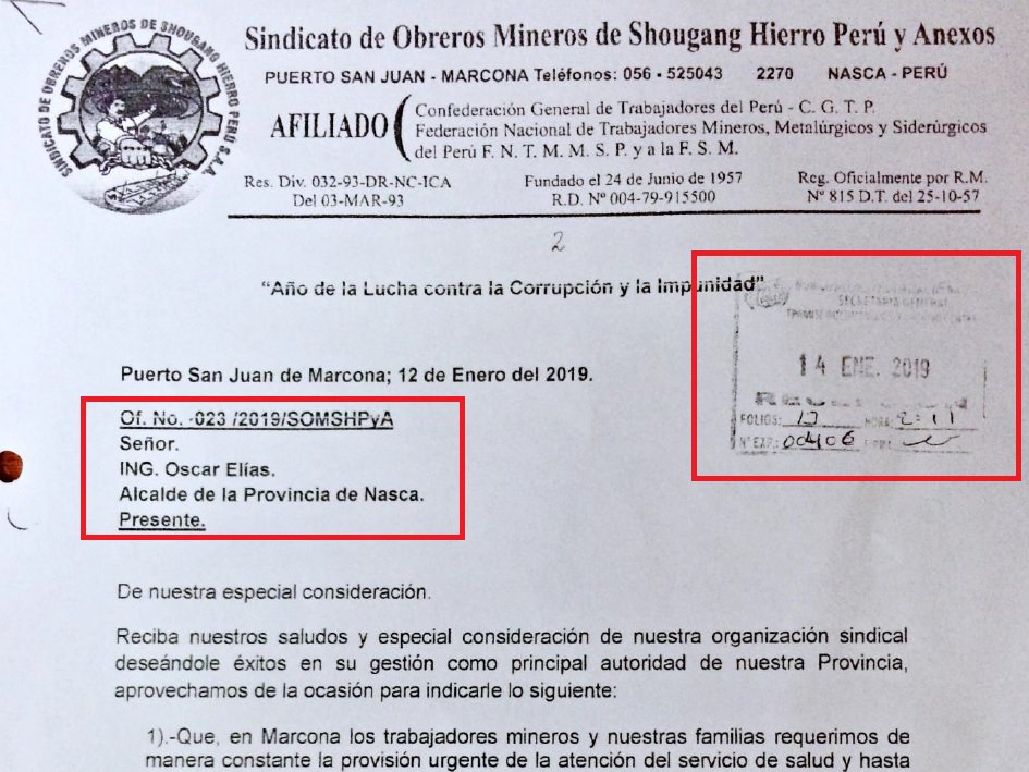 ObrerosShougang's tweet photo. Junta Directiva de @ObrerosShougang, envía oficio al alcalde provincial de Nasca, Oscar Elías Lucanas, solicitándole su intervención para demandar a la Pdta @EsSaludPeru,@FioreMolinelli, la construcción del hospital de EsSalud en Marcona. #SaludDDHH Ver: https://t.co/yj9ply15KL https://t.co/JYo0fkBRKD