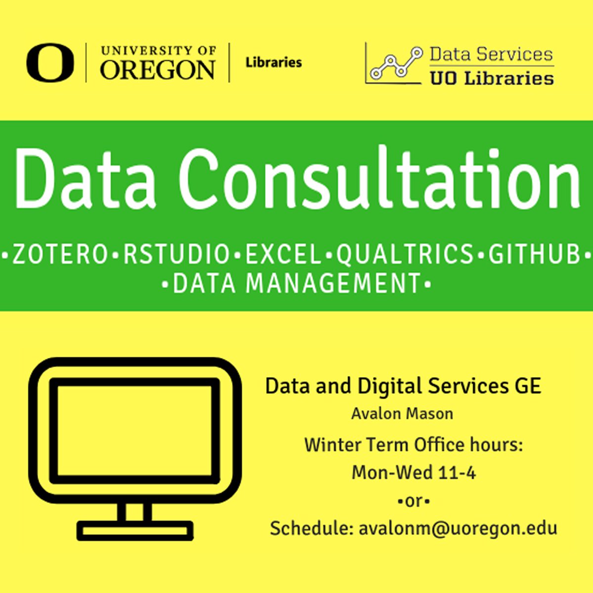 UODataServices's tweet image. We are available M, T, W 11-4 in Knight Library for all of your data consultation needs! #universityoforegon #knightlibrary #datamanagement #rstudio #qualtrics #zotero