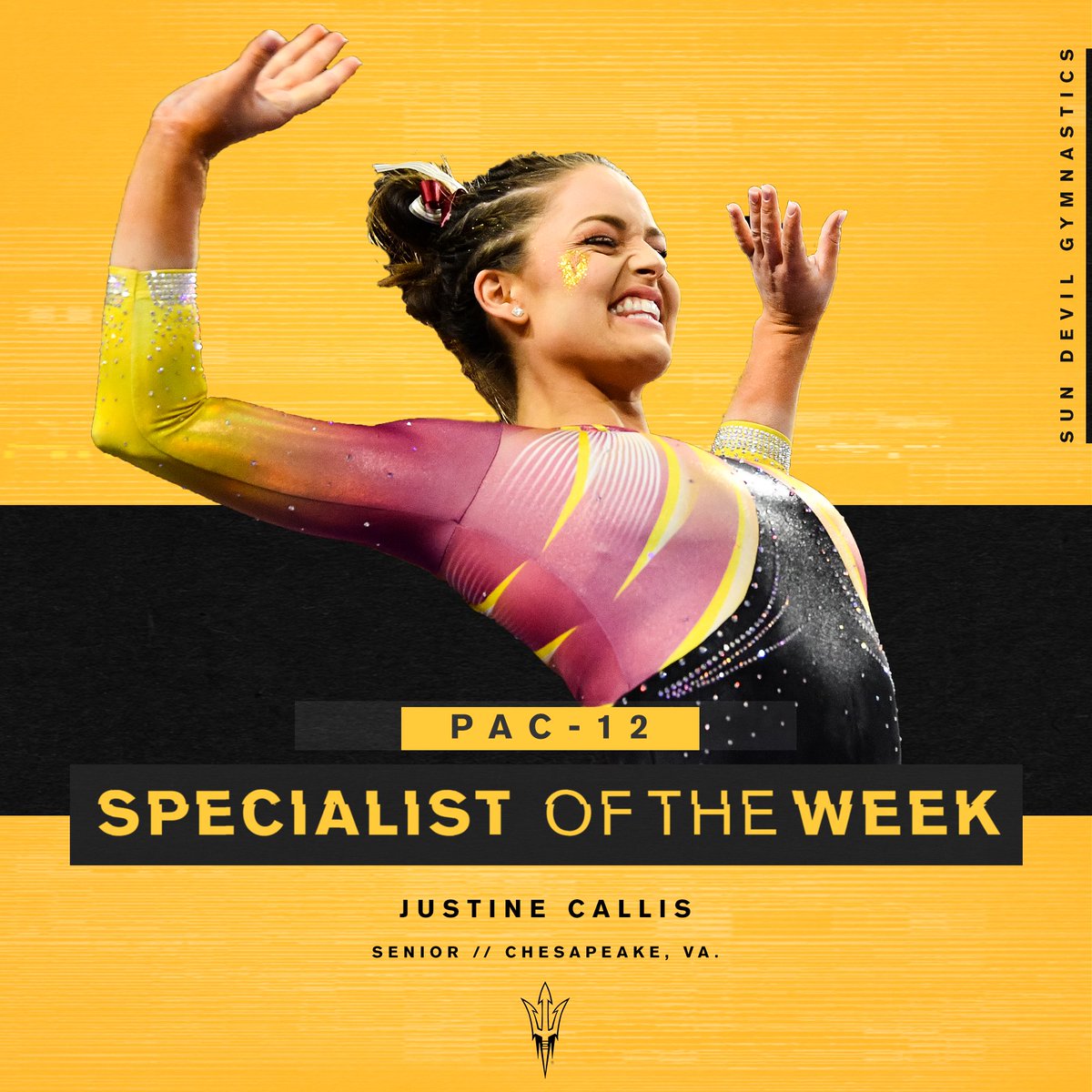 SunDevilGym's tweet photo. 👏 Justine Callis is the Pac-12 Specialist of the Week! 👏

This is the first specialist of the week honor for the #GymDevils since 2013!

#NextLevel | #ForksUp https://t.co/gROkHjHHhT