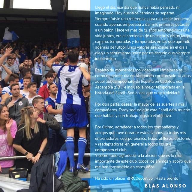 No me cansaré de agradecerle a esta afición como me ha hecho sentir estos años, y como me está haciendo sentir hoy con tantos mensajes que no dejan de llegarme. Muchas gracias a todos deportivistas! Volveré 💙