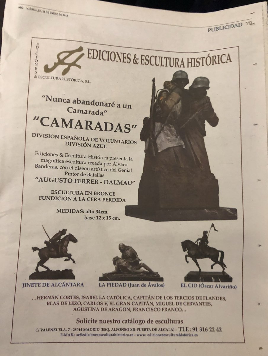 JonInarritu's tweet photo. 📰En el diario ABC están muy preocupados x el “adoctrinamiento” d independentistas y abertzales. Eso sí, anuncian unas esculturas d ls 🇪🇸 nazis d la División Azul y d Franco d muy buena calidad y este domingo por solo 11,95€ un magnífico reloj d la Luftwaffe nazi.

No es coña👇🏻 https://t.co/IxA4VlJx9I