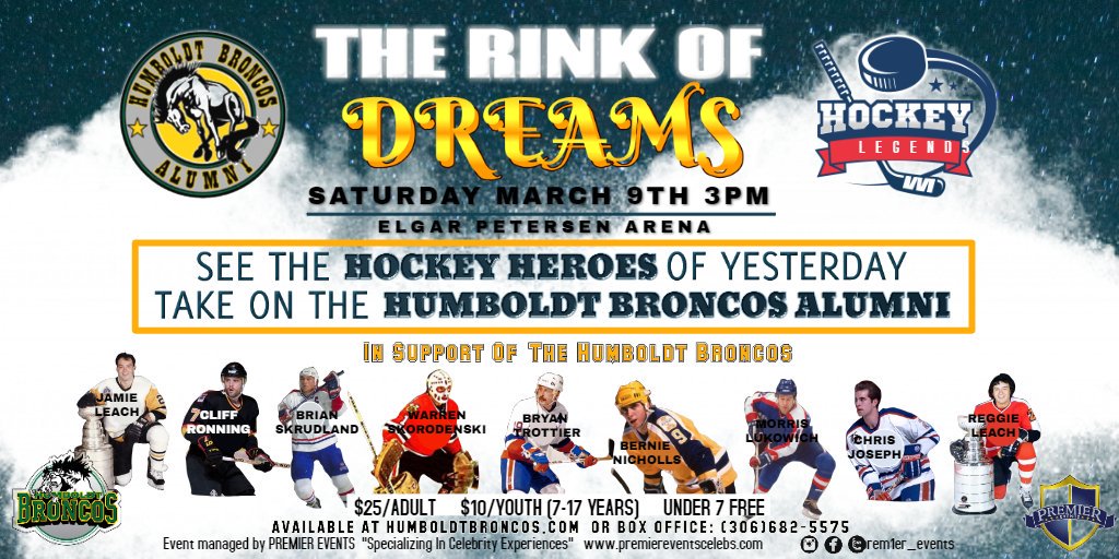 These Celebrities are coming together for a special cause! Come watch the #HumboldtBroncosAlumni take on the #HockeyLegends Mar.9th in Humboldt 🏒🏆 In support of the Humboldt Broncos & Humboldt Minor Hockey Association 💚💛
#HumboldtStrong #givingbackfeelsgood  #whoscomingwithus