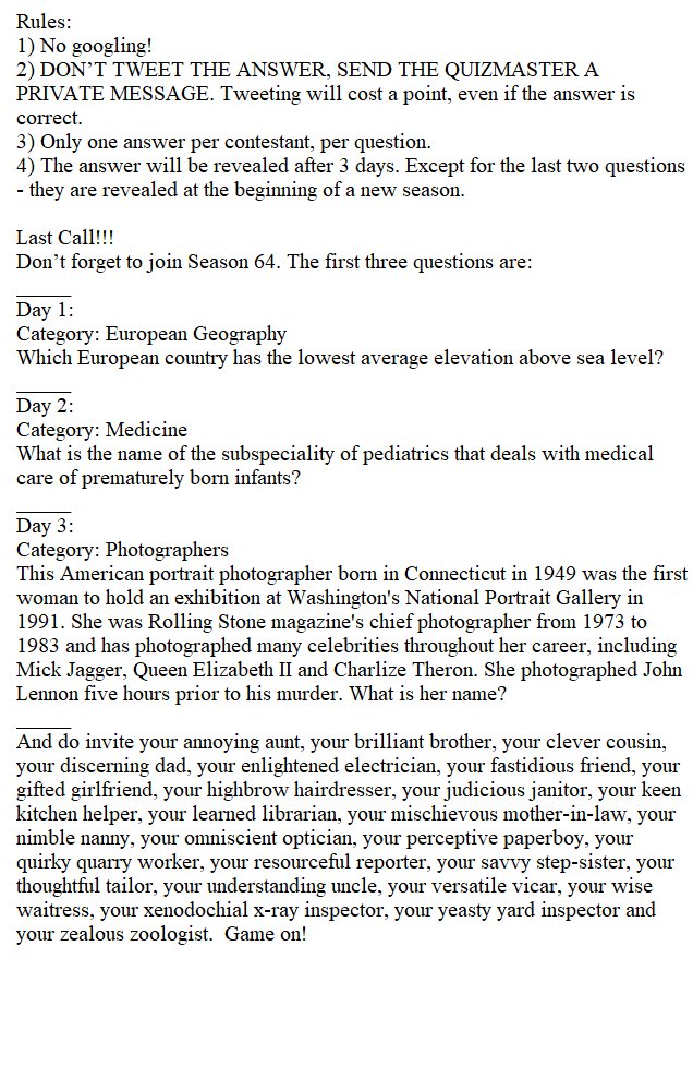 Quizzypedia On Twitter Season 64 Last Call The Categories For The First 3 Questions Are Day 1 European Countries Day 2 Medicine Day 3 Photographers Deadline For Question 1 7 Am Cet