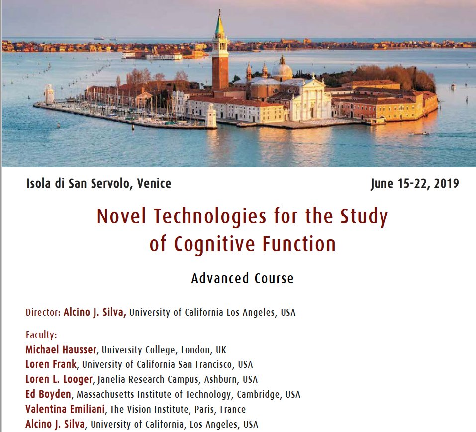 Please RT: Course in Vernice, 6/15-22/2019 on Novel Technologies for the Study of Cognitive Function, with Michael Hausser,  Loren Frank, Ed Boyden <a href="/eboyden3/">Ed Boyden</a>, Valentina Emiliani, and Alcino Silva <a href="/alcinojsilva/">Alcino J Silva</a>. Register @  tinyurl.com/y854677s