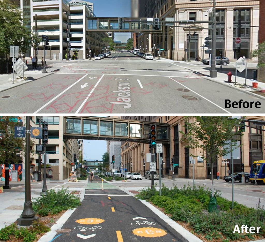 NACTO's tweet image. Which street would you feel more comfortable walking on, or biking on? #DangerousByDesign (h/t @StreetsblogUSA)