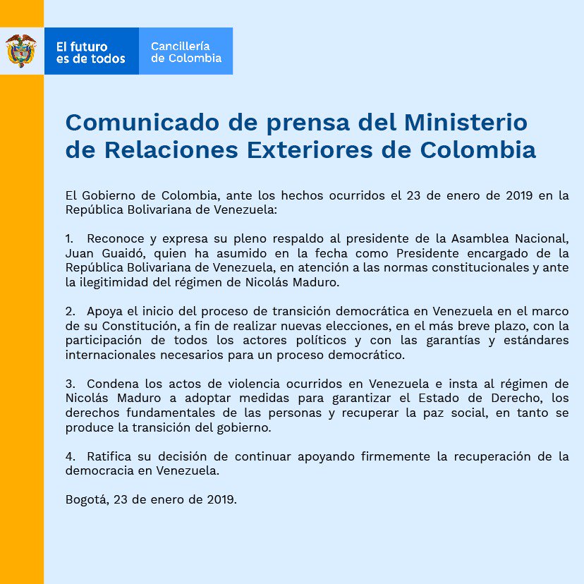 CancilleriaCol's tweet photo. Colombia reconoce y expresa su pleno respaldo al presidente de la Asamblea Nacional, Juan Guaidó, quien ha asumido en la fecha como Presidente encargado de la República Bolivariana de Venezuela

https://t.co/VefSSjuP9t https://t.co/2gWKp4mF3q
