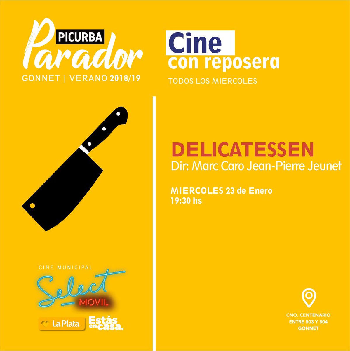 💥 Hoy se viene un nuevo ciclo de cine con reposara en Picurba Parador 😄💥 Te esperamos para disfrutar de “Delicatessen” 🎞📽📼 A partir de las 19:30 hs en Camino Centenario e/ 503 y 504 (Atrás de La Trattoria de Gonnet) 🎥 Si venís con tu reposera no abonás la entrada 😉 📹
