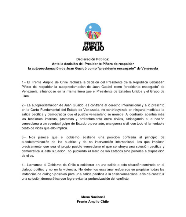 Ante lo ocurrido en Venezuela: "Rechazamos la decisión del Presidente de la República de respaldar la autoproclamación de Juan Guaidó como “presidente encargado” de Venezuela, en línea con el Presidente de Estados Unidos y el Grupo de Lima".
Más aquí: frente-amplio.cl/noticias/decla…