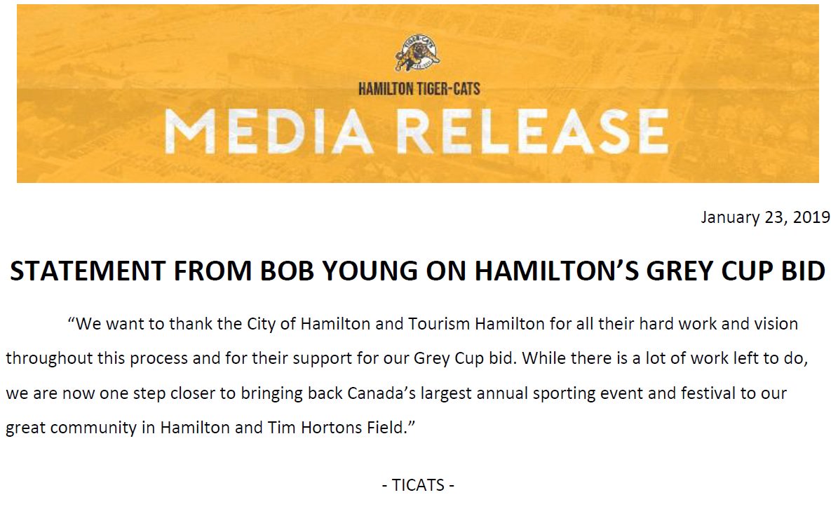 Ticats's tweet photo. Statement from Bob Young (@CaretakerBob) on Hamilton's Grey Cup bid. 👇

#HamiltonProud | #Ticats https://t.co/r40XgzpC9R