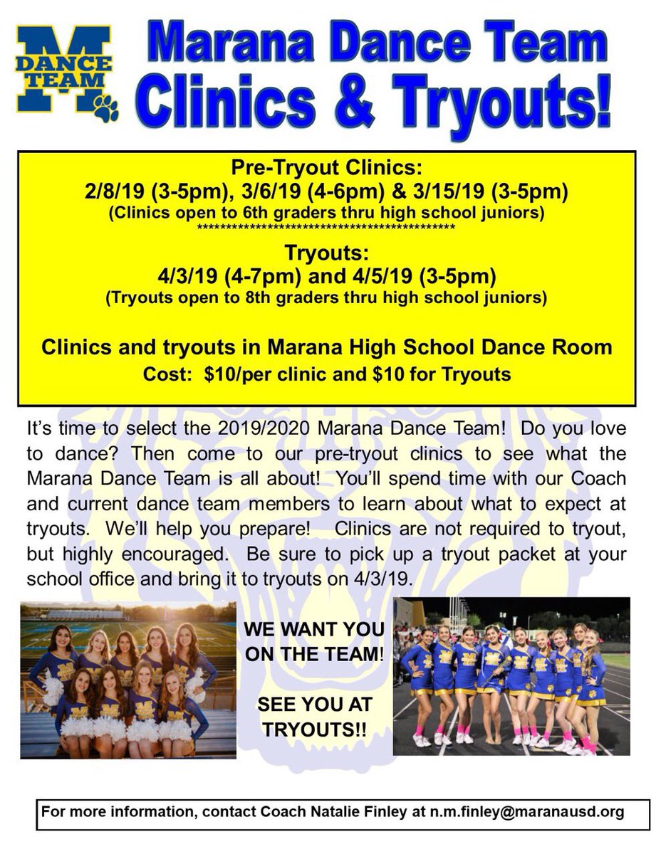 MaranaDance's tweet photo. Save the dates for our clinics and tryouts! Clinics are a great opportunity to meet the team and get a feel for what tryouts will be like! We hope to see you there💛💙 https://t.co/BtIVQSaZ9b