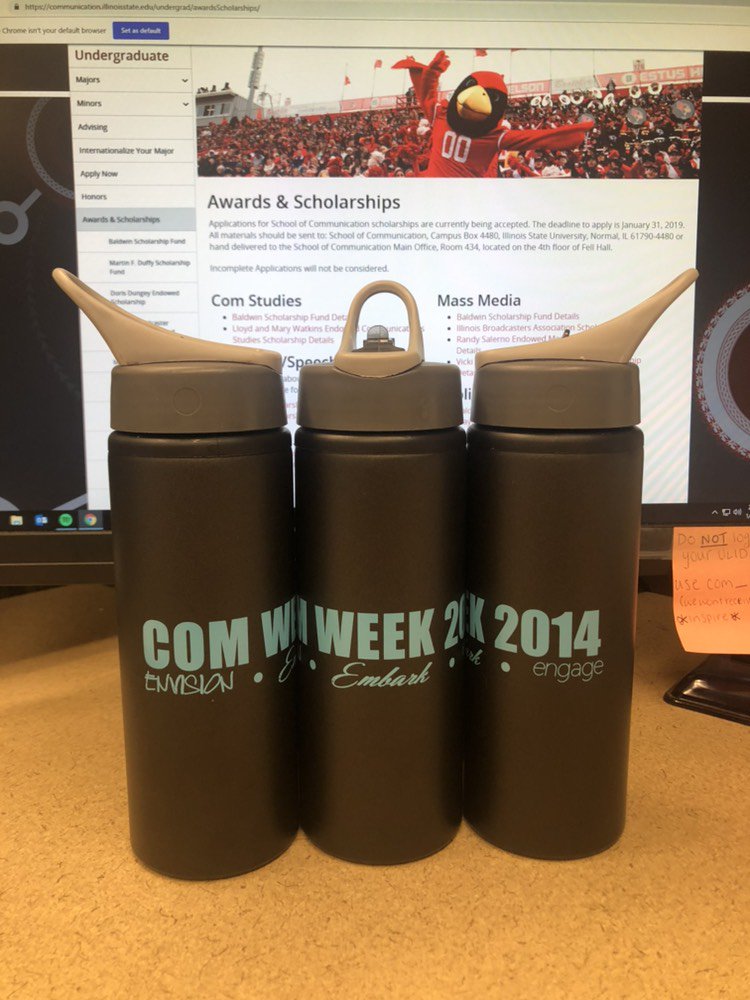 Attention! The first ten individuals to turn in their scholarship application by this Friday, January 25th will receive a free vintage ComWeek water bottle. All applications can be turned in at the front desk of Fell 434. Good luck!