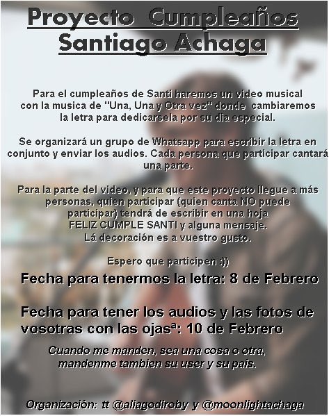 Con @moonlightachaga estamos organizando una de las muchas sorpresas para el cumple De Santiago Achaga. Para participar mandame DM ❤️

RT Para difundir y para que el proyecto llegue a más personas :)