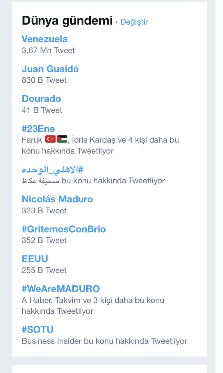 ABD’nin Venezuela’da yaptığı darbeye karşı Türkiye’den başlatılan #WeAreMADURO etiketi şuan Türkiye’de 1. Dünya listesinde 9. sırada

Darbeye karşı sesimizi yükseltip tage destek verelim