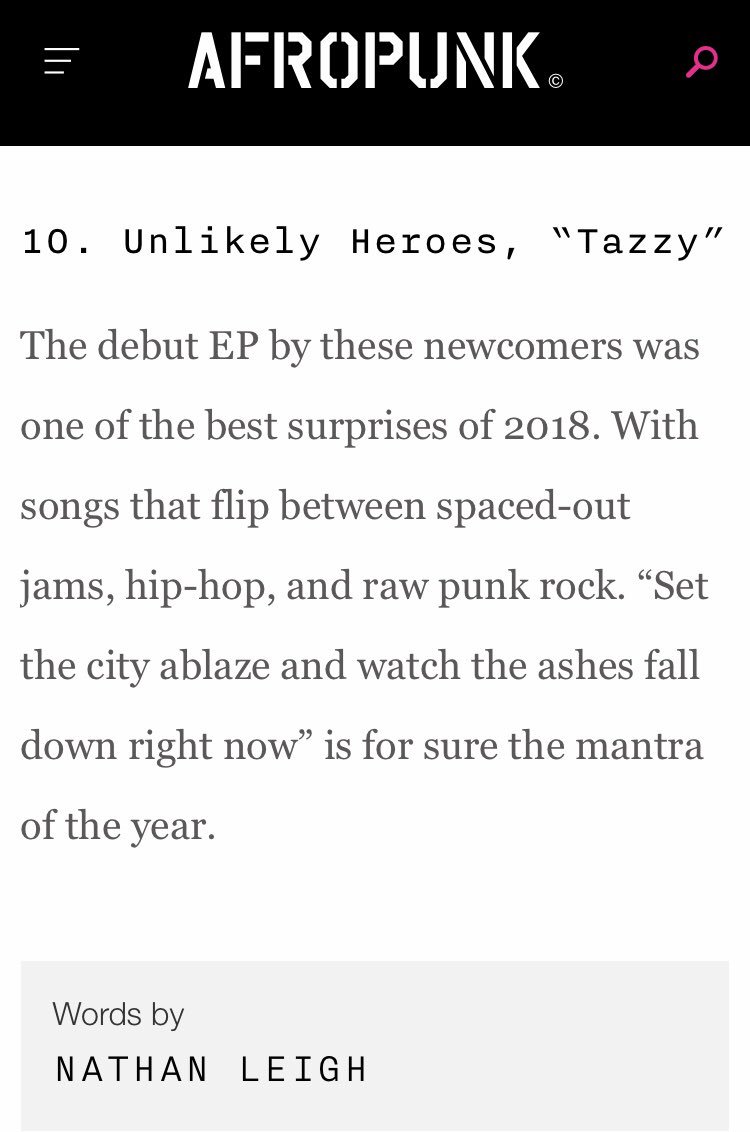We’re late to the party but still thankful! We made <a href="/afropunk/">AFROPUNK</a> 10 Punk Records that Fueled the Revolution!!! Our song “TAZZY” was selected and they had really nice words for us! Thank you so much!
#afropunk #PunkAsFuck #hiphop #punkrock
