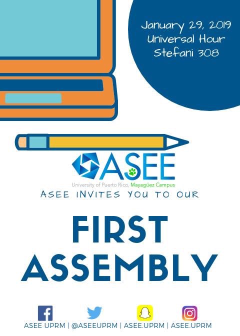aseeuprm's tweet photo. No te pierdas la primera asamblea del año en la cual estaremos hablando de las actividades que tendremos este semestre. Vienen muchas cosas buenas de las cuales van a querer participar, no dejen pasar la oportunidad! Esperamos verlos el 29 de enero en S-308 a la hora universal. https://t.co/OqocZ7ZCe7