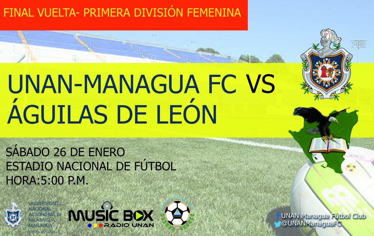 ➡🏆Primera División Femenina | Final Vuelta
✔TODOS AL NACIONAL !!!
▶Nuestras guerreras se juegan el último partido de la temporada.
@UNANManaguaFc 🆚 Águilas de León
🏟Estadio Nacional de Fútbol
📅Sábado 26 de Enero
⏰5:00 p.m.
#SoyGuerrera
#VamosGuerreras