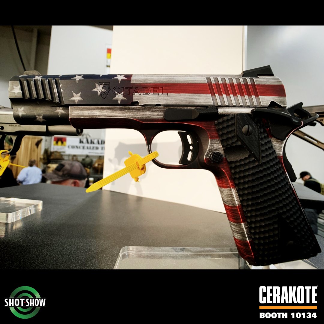 We're proud to be flying the colors on this @LegacySportsInternational Citadel 1911 in our booth (10134) at @nssfshotshow this year! Stop on by and see this and other incredible #Cerakote projects on display!