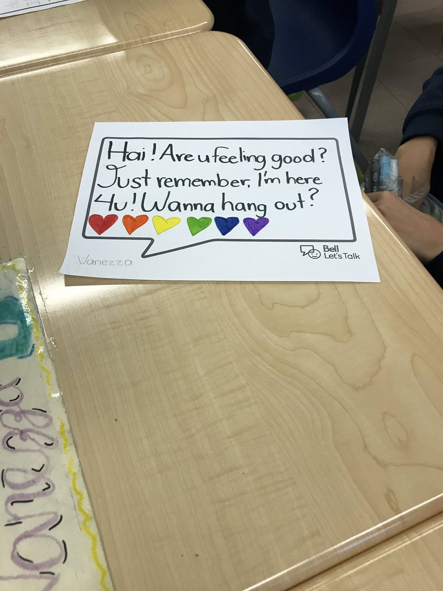 msjdepaolis's tweet photo. We’ve started the conversation about mental health in gr. 4/5 Students illustrate their texts that can help a friend who’s feeling down @Bell_LetsTalk #BellLetsTalk @stisaacjoguescs @TCDSB #TCDSBelongs https://t.co/OnU0NCYFsK