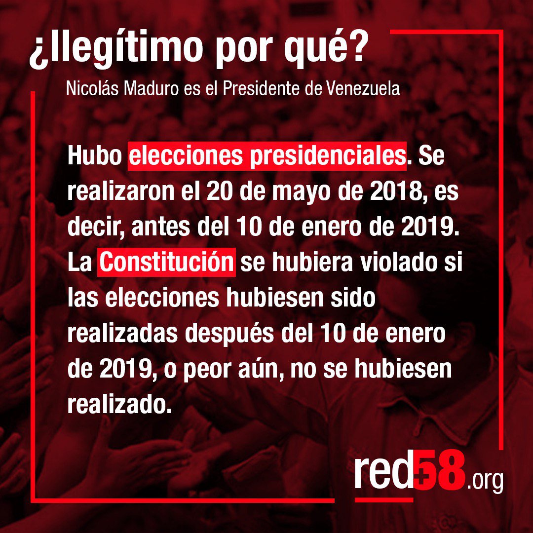 red58org's tweet photo. .@nicolasmaduro es el Presidente de #Venezuela porque ganó las elecciones de mayo de 2018. La Constitución se hubiera violado si hubiesen sido realizadas después del 10 de enero de 2019 o no se hubiesen realizado. https://t.co/QHNaaaubSW #LealesSiempreTraidoresNunca https://t.co/wG6dZg8Yai
