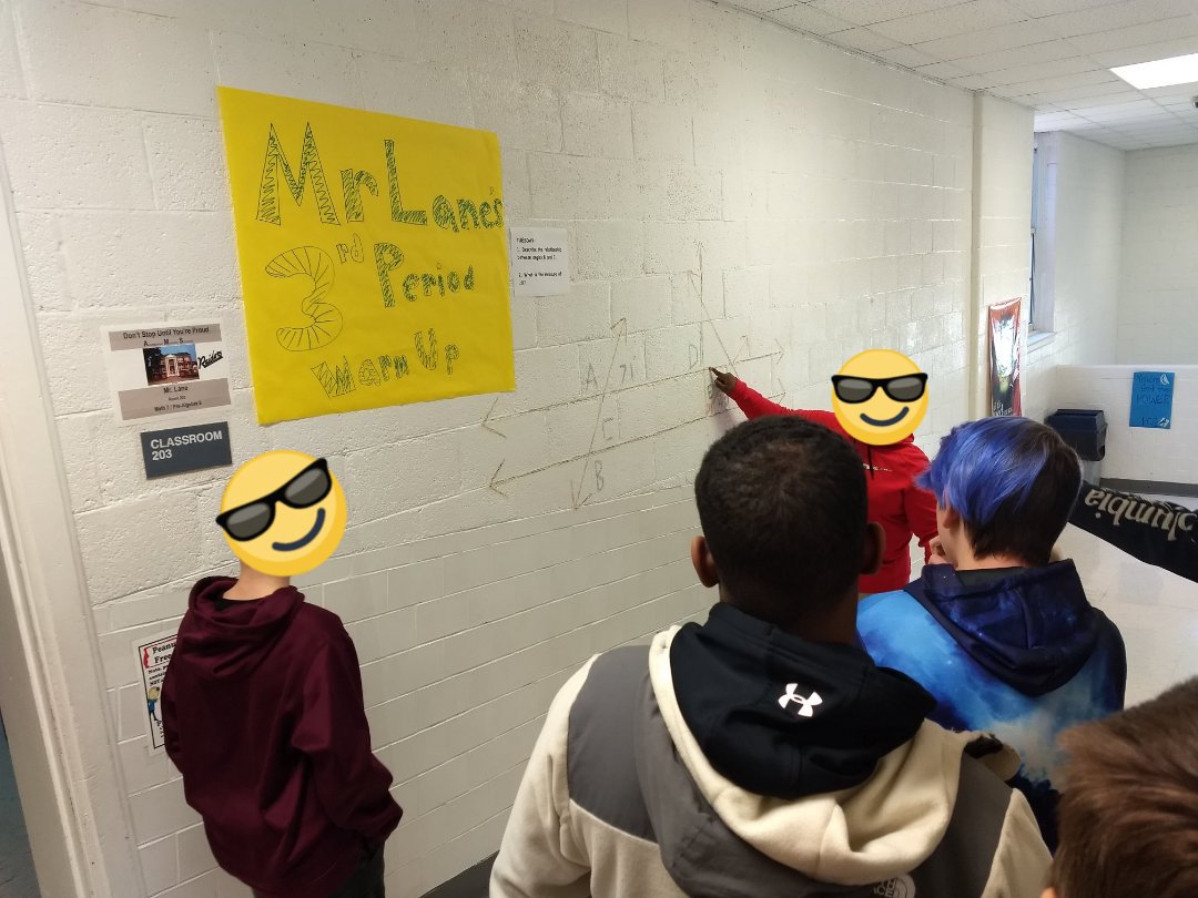 MrLanepresents's tweet photo. #MATHOVATION in Action |

Want to #rethinkbellwork ? Warm-ups in the hallway focus #mindset and create low-floor/high-ceiling conversation starters, allowing students to walk in as problem solvers, not travelers, and the first 10 is more productive

#MrLanePresents
#gobeyondpaper https://t.co/K9UbYdMcwr