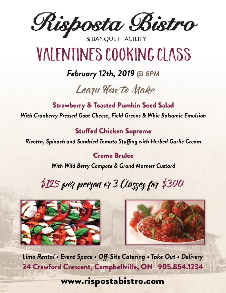 Check out or Valentines Cooking Class! Learn to cook with our award winning chefs!

#MiltonON #RispostaBistro #DiscoverMilton #CambellvilleON #eatlocal #Burlon #tasty #foodie #learntocook #cookingclasses #valentines
