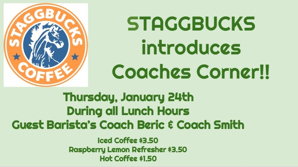 AASStuActivity's tweet image. #Staggbucks tomorrow!! Grab yourself a coffee, hot cocoa, Berry Refresher or some tea during all Lunch Hours!! And say hi to this week's Guest Baristas!!