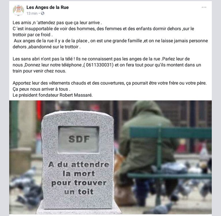 Partagez en masse les amis ,les personnes sans abri ont besoin de nous.Merci d'avance de tous vos efforts .