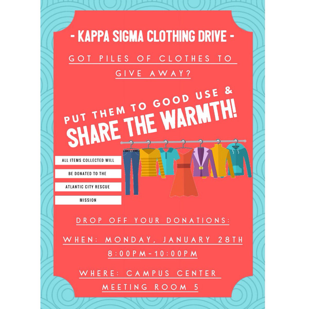 KappaSigXiRho's tweet photo. Assist us in #SharingTheWarmth &amp; helping the homeless in Southern New Jersey by donating any lightly to moderately used clothes, hats, shoes, etc! 👕��All items collected will be donated to the Atlantic City Rescue Mission! Just drop off your donations and we will do the rest!👍🏼 https://t.co/4ev1522mKi
