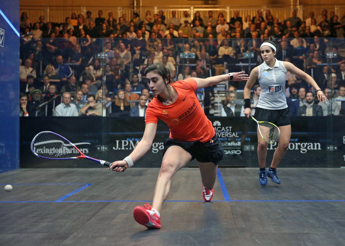 ToCSquash's tweet photo. The #ToC19 women's final will be contested by the #ToC15 champion @RaneemElWelily and #ToC16 and #ToC18 champion @noursherbini 

#ToC19 WSF: [2] Nour El Sherbini 🇪🇬 3-1 [3] Nour El Tayeb 🇪🇬 13-11, 9-11, 11-9, 11-4 (46m) https://t.co/gW2TiRno0g