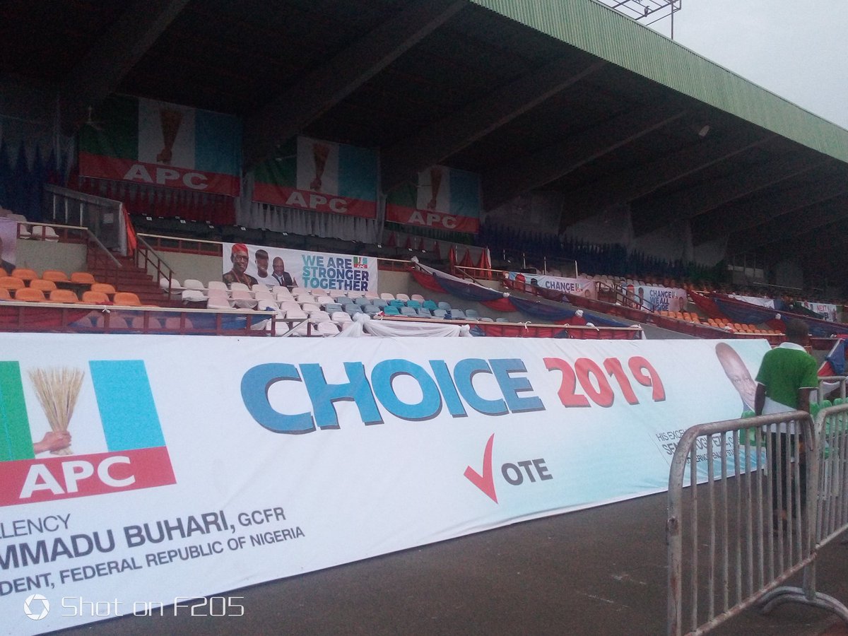 SeMandate's tweet photo. Stage is almost set at NNAMDI AZIKIWE STADIUM ENUGU.

Ndi Enugu is ready to move to the #NextLevel with @MBuhari 

@ProfOsinbajo @SouthEast4PMB @sharon_ikeazor @APCUKingdom @JeSuisNaija @iyaboawokoya @Mr_JAGs @cbngov_akin1 @fredliner009 @kezie0 @OfficialAPCNg @APCWAY2019 @kcujam https://t.co/BUD6MEW2MC