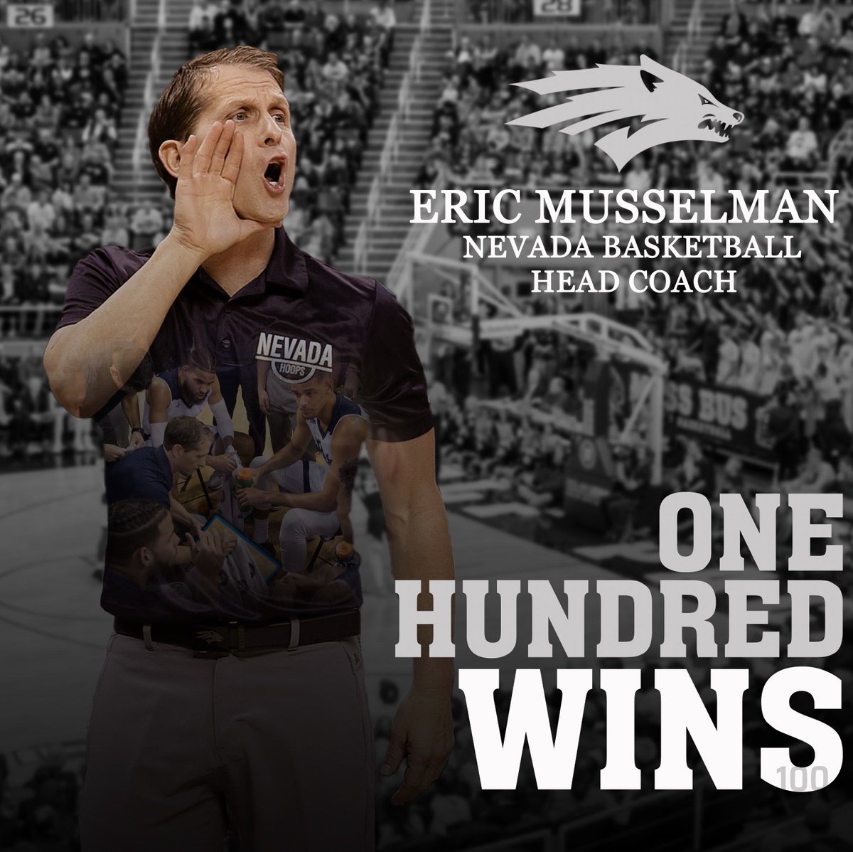 NevadaHoops's tweet photo. CONGRATS TO COACH MUSS (@EricPMusselman ) ON BECOMING THE FASTEST COACH TO REACH 100 WINS IN @MountainWest HISTORY! #BATTLEBORN https://t.co/66EKmj561D